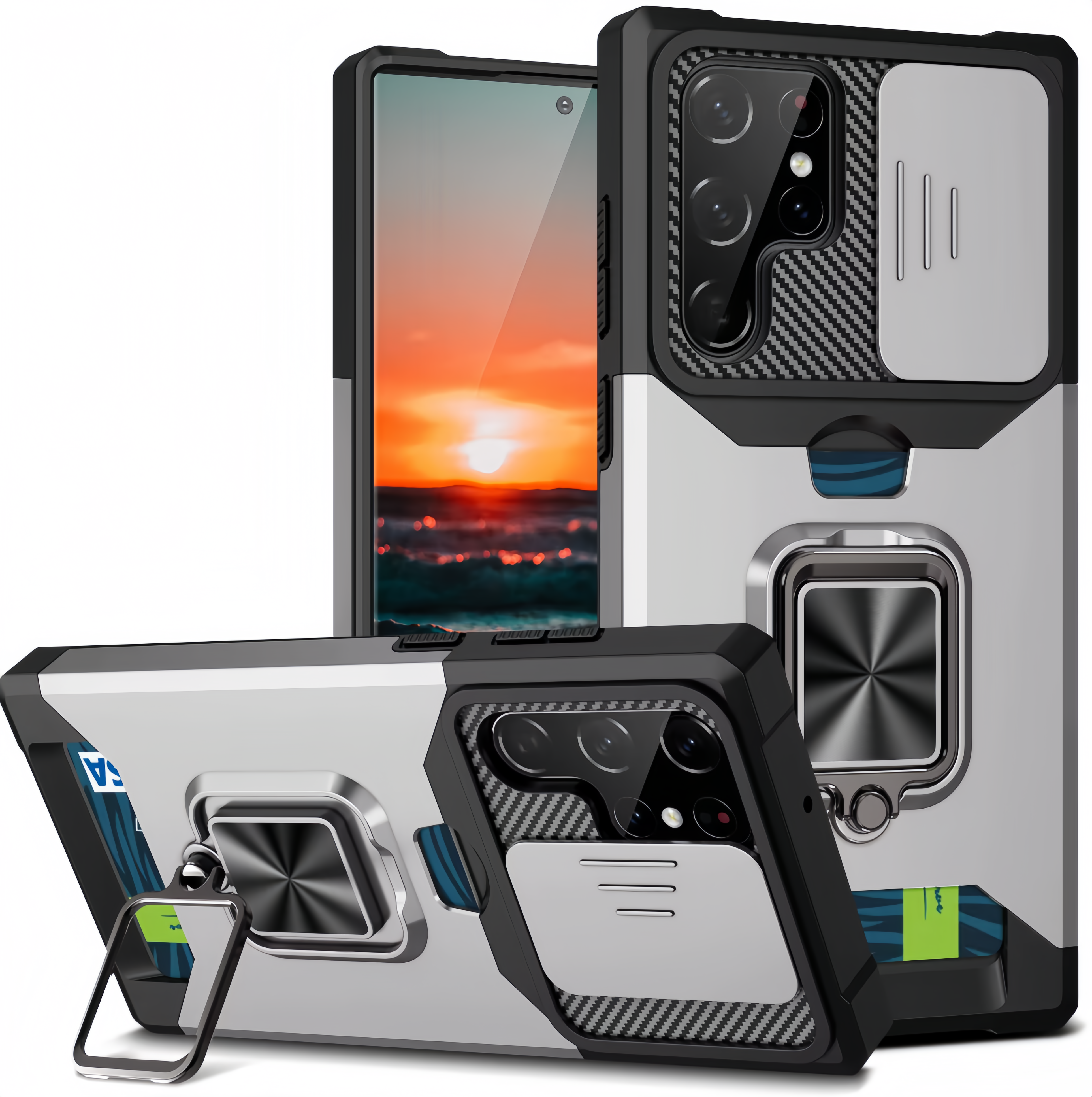 (1/100x Pack) S25 Series Magnetic Heavy Duty Samsung Case With Lens Cover + Card Holder