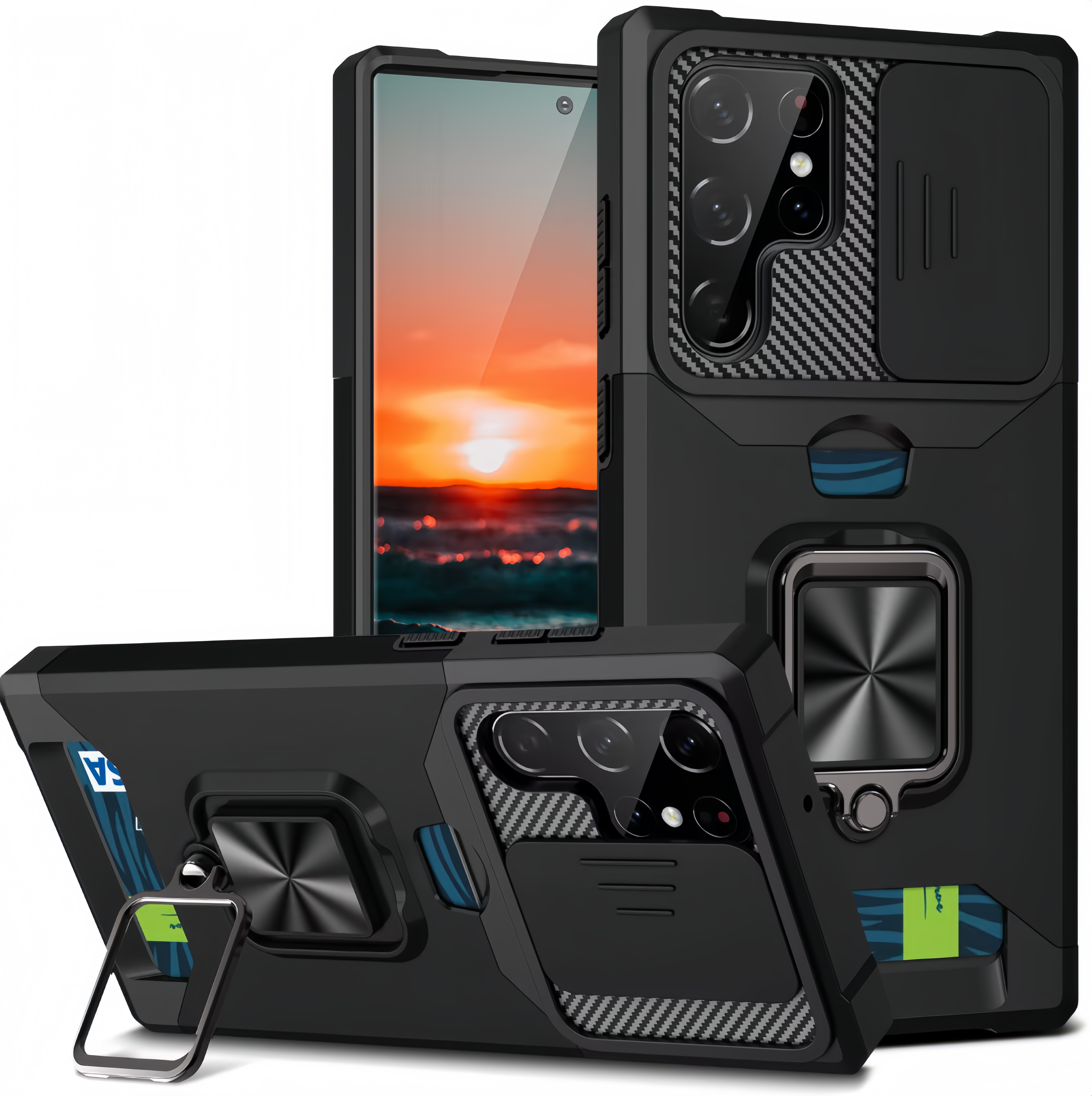(1/100x Pack) S25 Series Magnetic Heavy Duty Samsung Case With Lens Cover + Card Holder