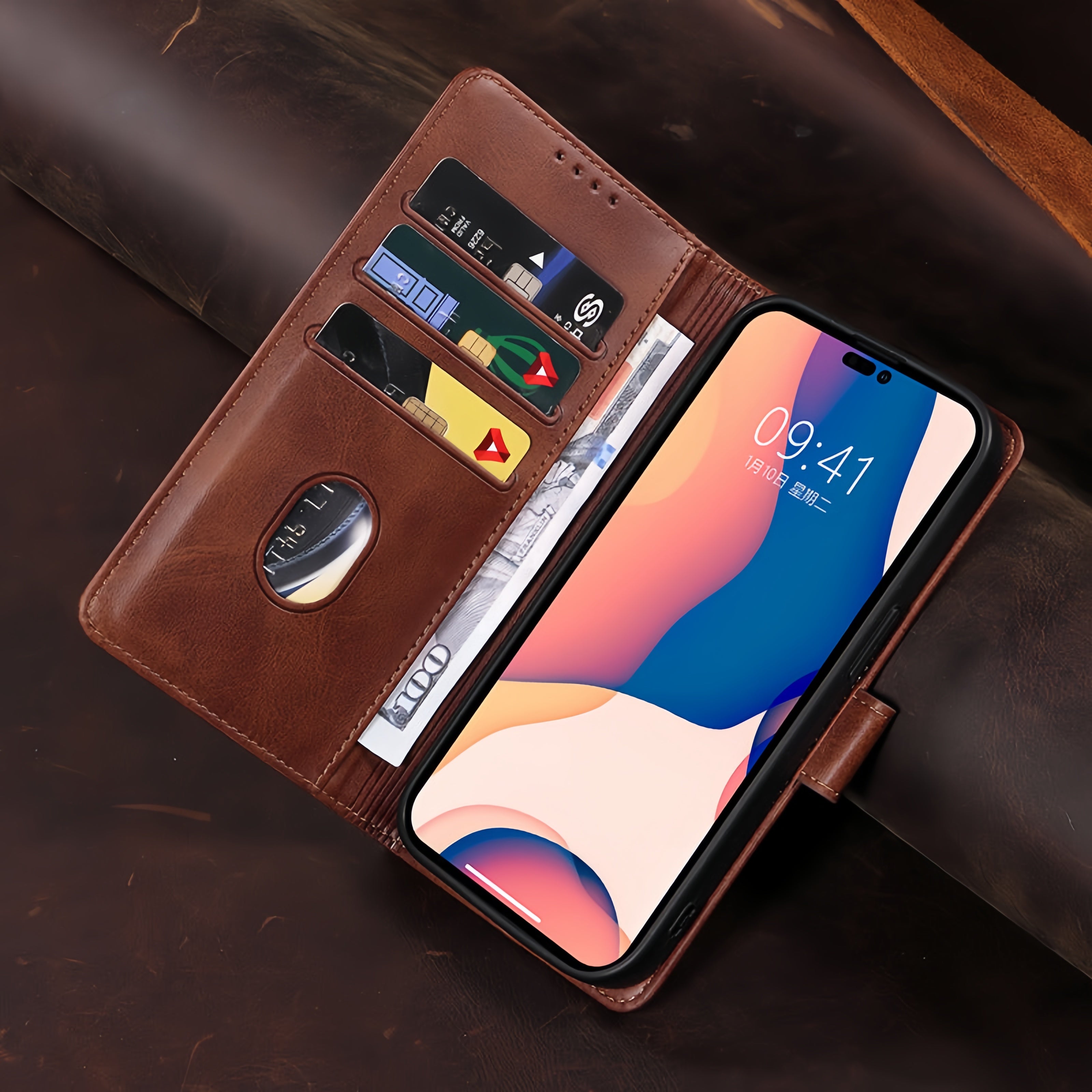 (1/100x Pack) iPhone 16 Series Flip Wallet Vegan Leather Case