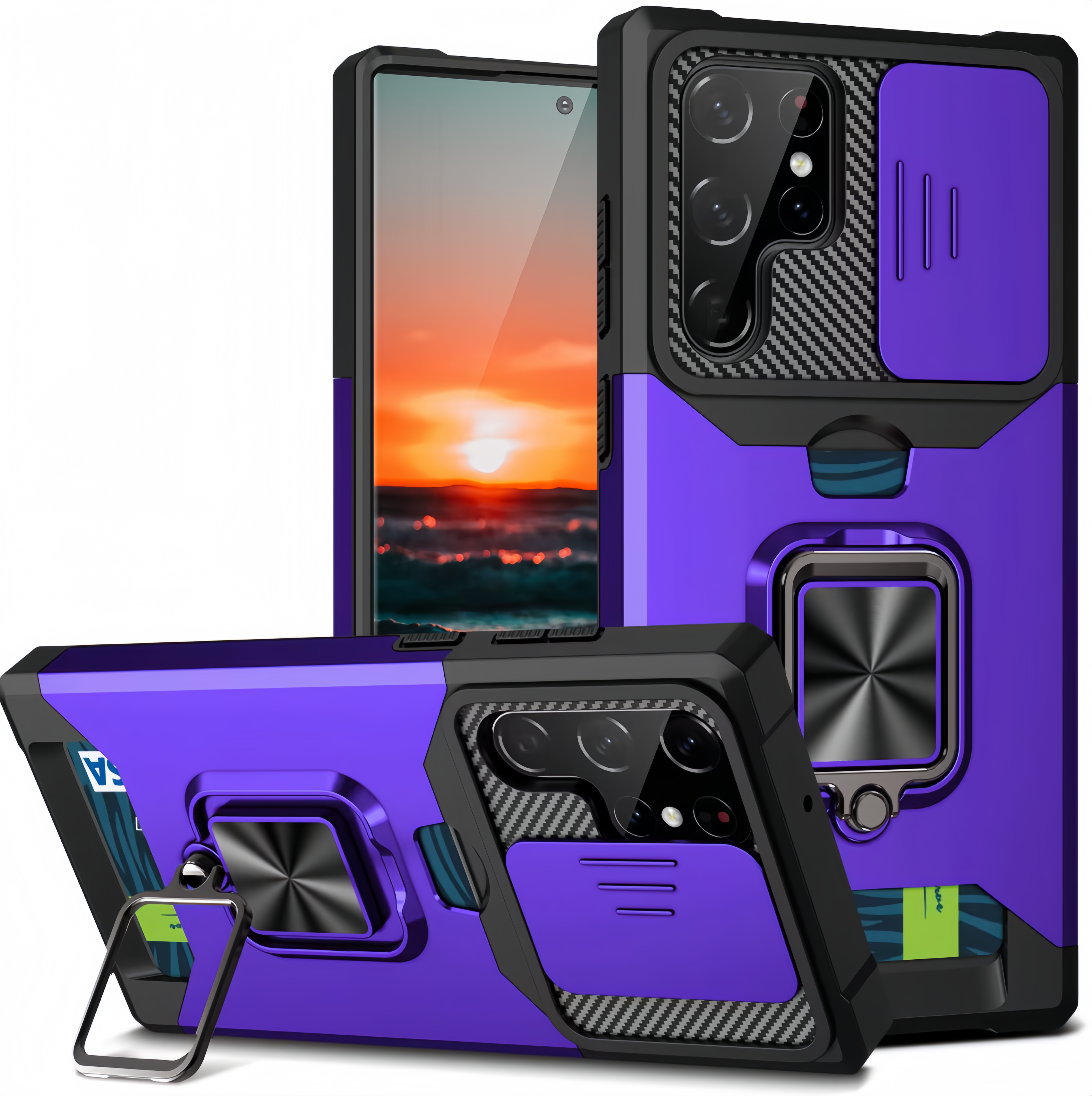 (1/100x Pack) S25 Series Magnetic Heavy Duty Samsung Case With Lens Cover + Card Holder
