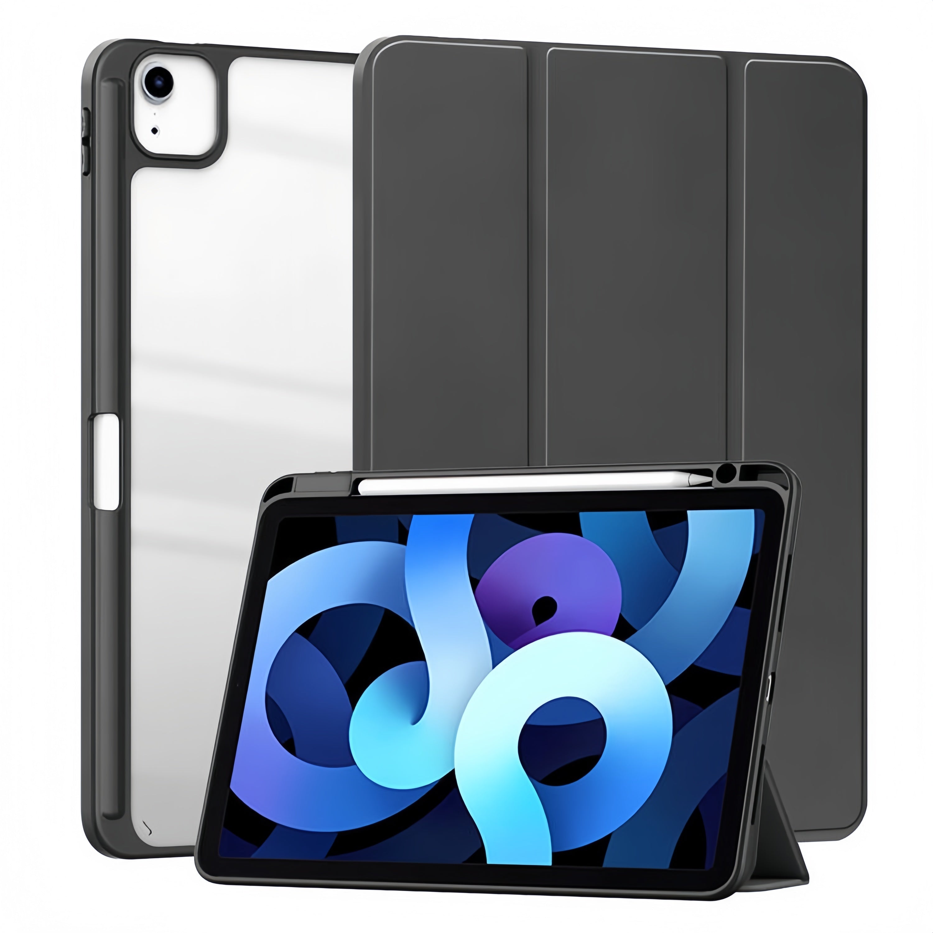 (1/100x Pack) Apple iPad Air Gen 5 10.9 Transparent Vegan Leather Protective Tri Fold Case For iPad