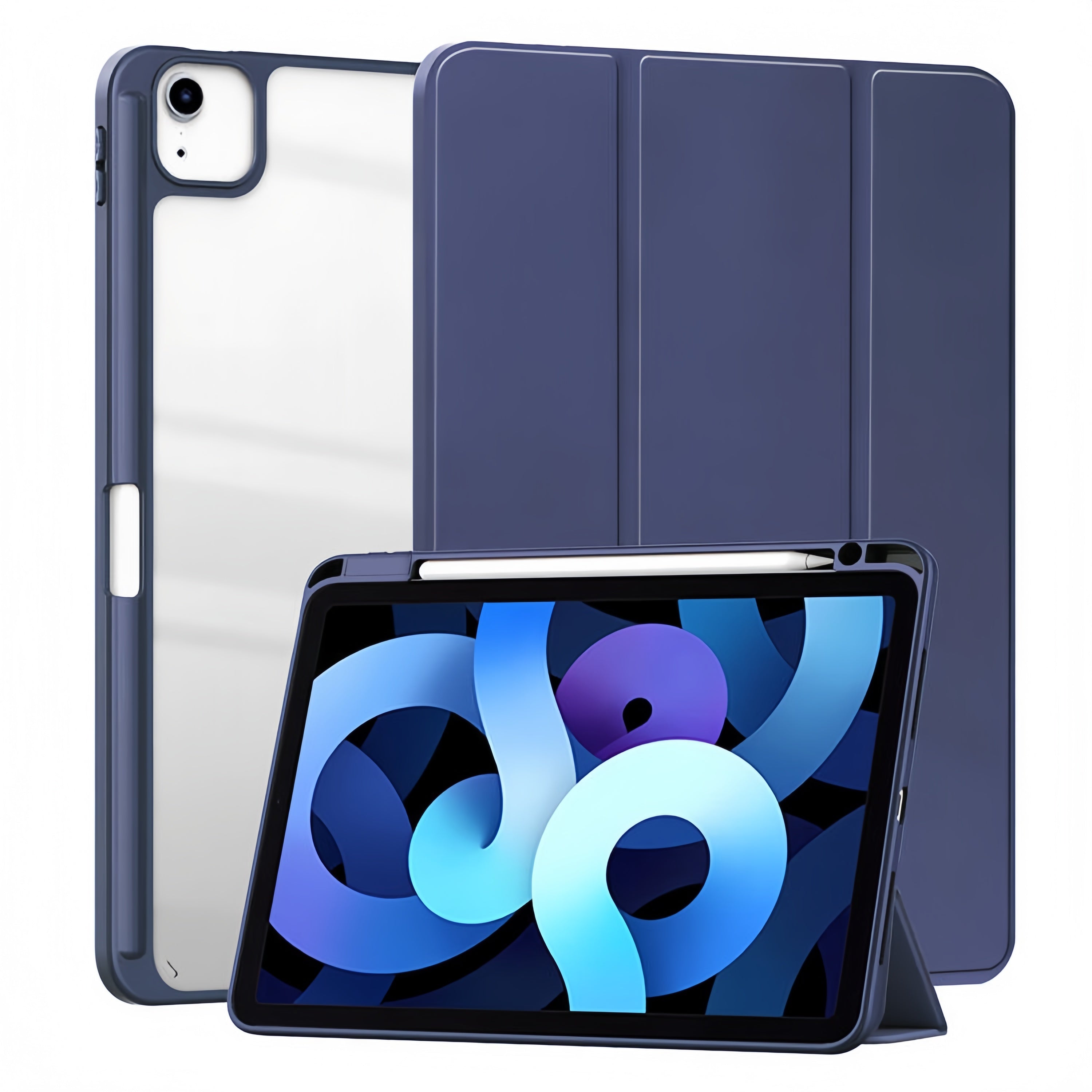 (1/100x Pack) Apple iPad Air Gen 5 10.9 Transparent Vegan Leather Protective Tri Fold Case For iPad