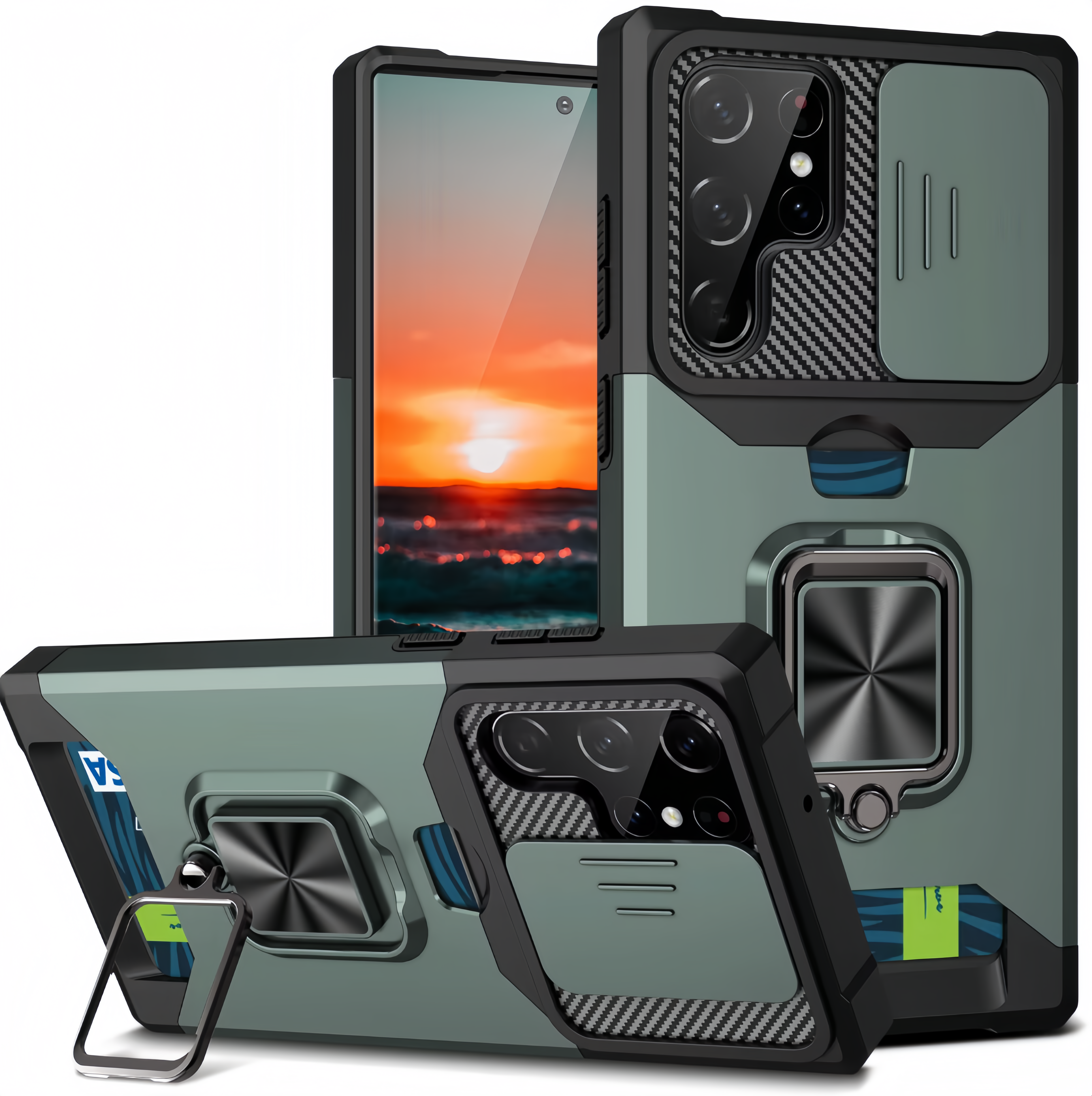(1/100x Pack) S25 Series Magnetic Heavy Duty Samsung Case With Lens Cover + Card Holder